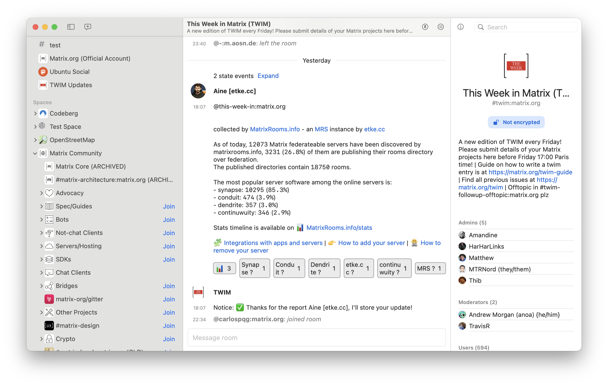 A screenshot of the Mactrix client. It consists of three panes: the left one is a room list, the central one is the timeline of a room, and the right one has the room details