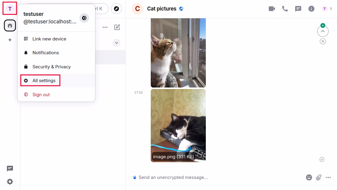 Element Web with the avatar highlighted, and the avatar menu visible,
    with All settings highlighted.